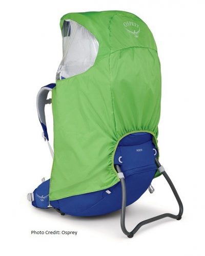 Osprey Poco child carrier rain cover on baby backpack