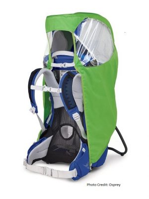 Osprey Poco child carrier with rain cover on baby backpack